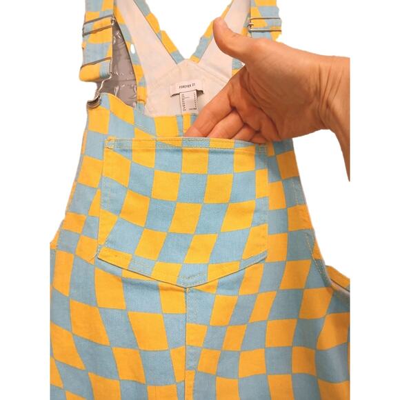 Forever 21 Denim Overall Dress Women Sz L Blue Yellow Check Stretch Mini Skirt - Picture 10 of 16